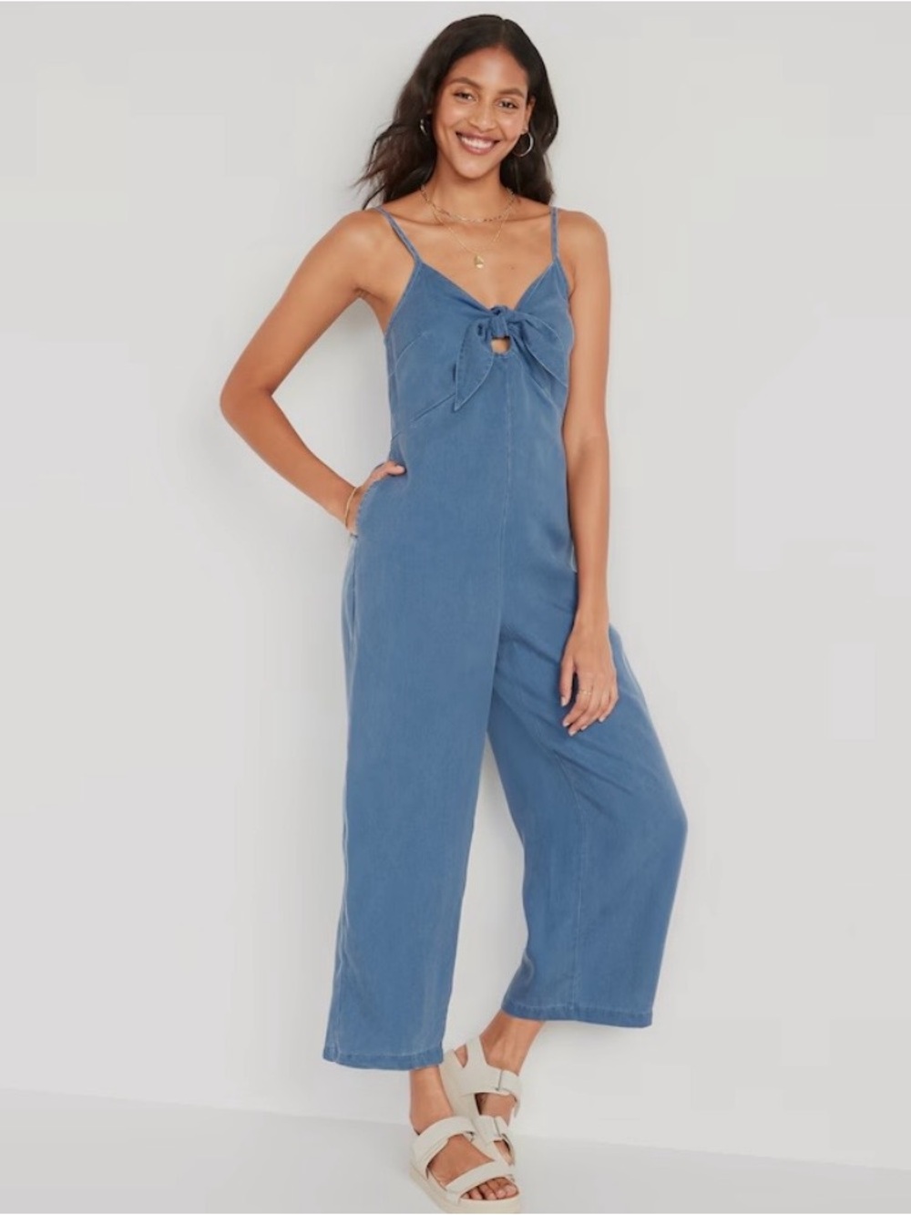 NWT Old Navy Blue Chambray Tie Front Wide Leg Tie-Front Jumpsuit 100% Tencel